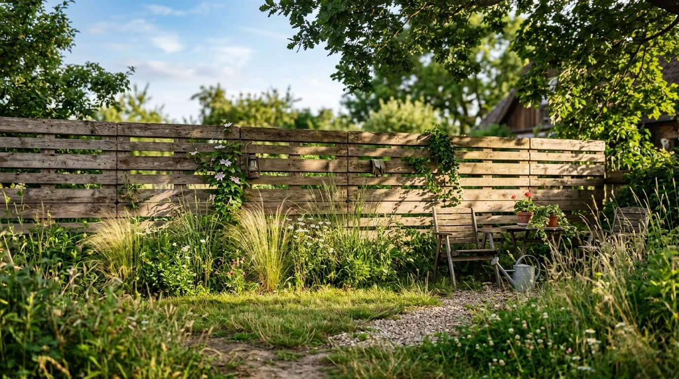 Horizontal Pallet Fence in a Rustic Backyard